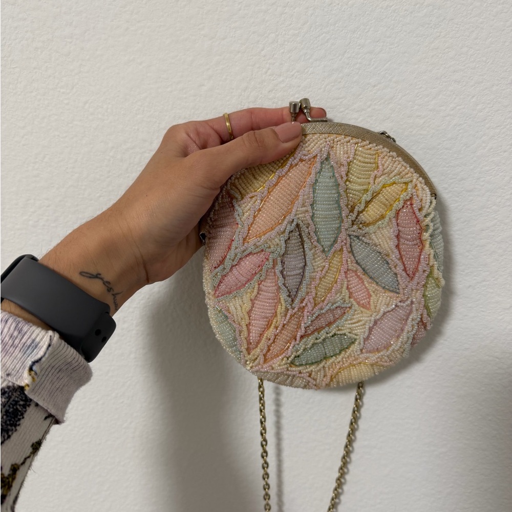 Pastel Leaf Pattern Beaded Clutch - image 3